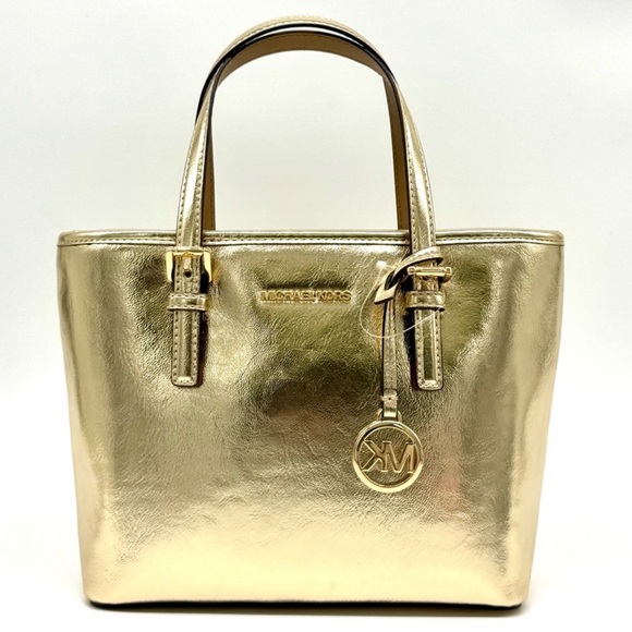 Michael Kors Jet Set Travel Extra-Small Logo Top-Zip Tote Bag Pale Gold - Picture 1 of 10
